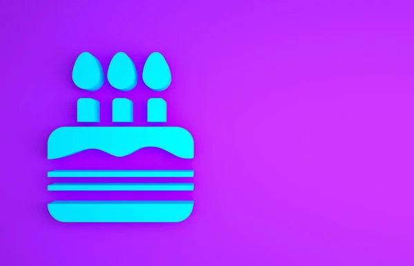 紫色の背景に孤立した燃えるろうそくのアイコンとブルーケーキ。誕生日おめでとう。最小限の概念。3Dイラスト3Dレンダリング — ストック写真