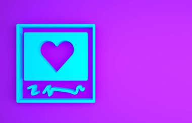 Mavi boş fotoğraf çerçeveleri ve mor arkaplanda izole edilmiş kalp simgeleri. Sevgililer Günü sembolü. Minimalizm kavramı. 3d illüstrasyon 3B canlandırma