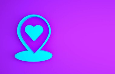 Mor arkaplanda kalp simgesi olan mavi harita işaretçisi. Sevgililer Günü. Aşk yeri. Romantik harita iğnesi. Minimalizm kavramı. 3d illüstrasyon 3B canlandırma