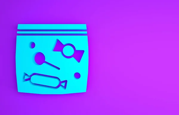 Kék Candy csomagolás édességek ikon elszigetelt lila alapon. Cukros táska. Minimalizmus koncepció. 3d illusztráció 3D render — Stock Fotó