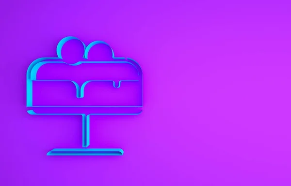 Torta blu su icona piatto isolato su sfondo viola. Buon compleanno. Concetto minimalista. Illustrazione 3d rendering 3D — Foto Stock