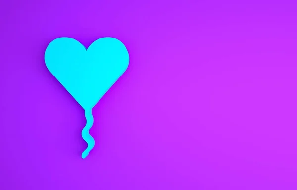 Blue Balloon in form of heart with ribbon icon isolated on purple background. Valentines day. Minimalism concept. 3d illustration 3D render — Stock Photo, Image