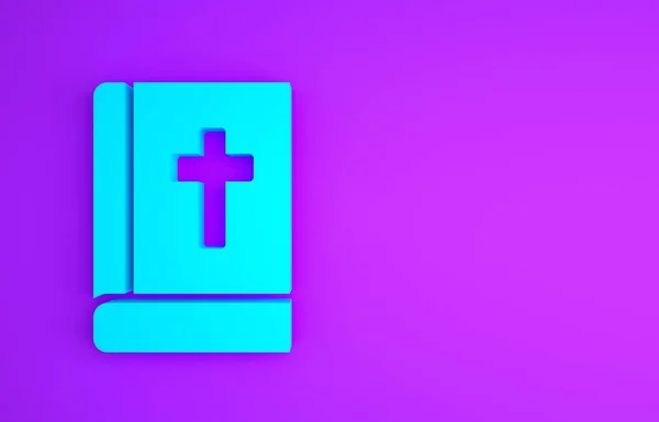 Ícone do livro da Bíblia Sagrada azul isolado no fundo roxo. Conceito de minimalismo. 3D ilustração 3D render — Fotografia de Stock
