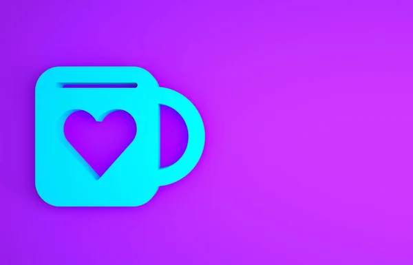 Taza de café azul e icono del corazón aislado sobre fondo púrpura. Un par de cafés para los amantes el día de San Valentín. Concepto minimalista. 3D ilustración 3D render —  Fotos de Stock