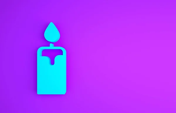 Kék égő gyertya ikon elszigetelt lila háttér. Hengeres gyertya ragasztó égő lángokkal. Minimalizmus koncepció. 3d illusztráció 3D render — Stock Fotó