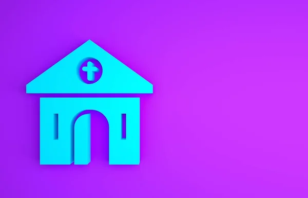 Blue Church building icon isolated on purple background. Christian Church. Religion of church. Minimalism concept. 3d illustration 3D render — Stock Photo, Image