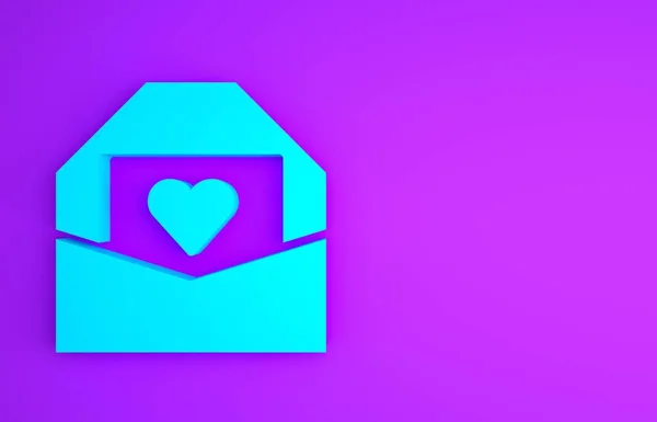 蓝色信封上有紫色背景的情人节心脏图标。爱的信息信上的爱情和浪漫最低纲领的概念。3D渲染3D插图 — 图库照片