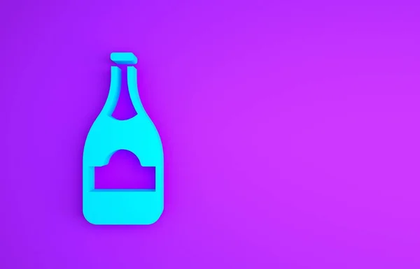 Icono de botella de champán azul aislado sobre fondo púrpura. Concepto minimalista. 3D ilustración 3D render — Foto de Stock
