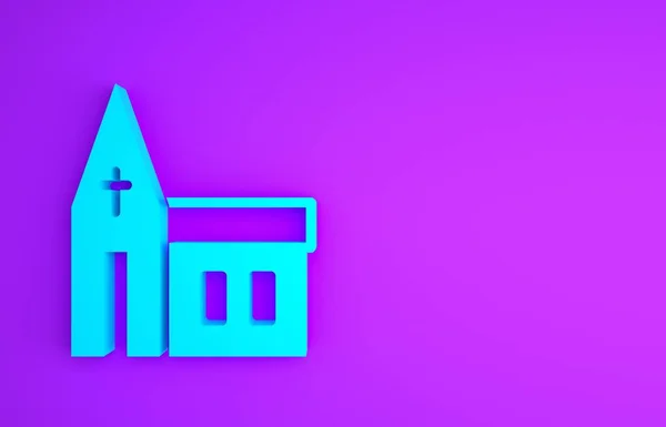 Niebieski Kościół budynku ikona izolowane na fioletowym tle. Kościół chrześcijański. Religia kościoła. Koncepcja minimalizmu. Ilustracja 3D 3D renderowania — Zdjęcie stockowe