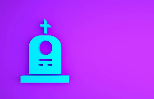 Tomba blu con icona in pietra tombale isolata su sfondo viola. Concetto minimalista. Illustrazione 3d rendering 3D — Foto Stock