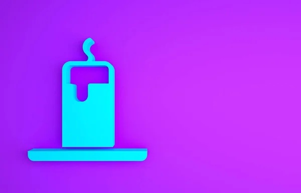 Blaue brennende Kerze, isoliert auf violettem Hintergrund. Zylindrischer Kerzenstock mit brennender Flamme. Minimalismus-Konzept. 3D Illustration 3D Renderer — Stockfoto