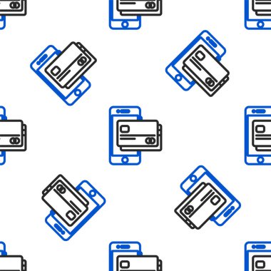 Cep telefonu ve kredi kartı simgesi beyaz arka planda izole edilmiş. Akıllı telefon çevrimiçi ödeme konsepti. NFC ödemesi. Aktarım simgesi. Renkli taslak konsepti. Vektör.
