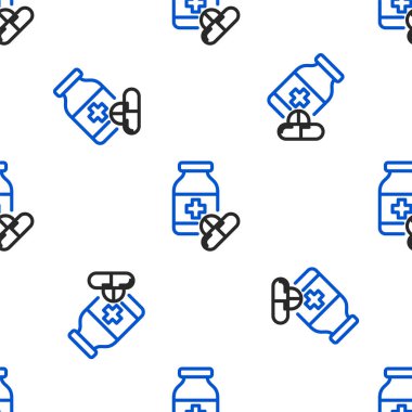 Hat ilacı şişesi ve hap ikonu beyaz arka planda izole edilmiş kusursuz desen. Şişe hapı işareti. Eczane tasarımı. Renkli taslak konsepti. Vektör.