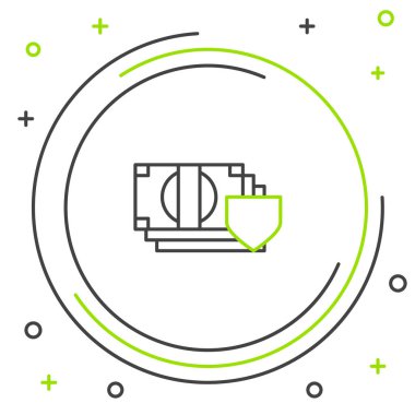 Beyaz arkaplanda kalkan simgesi olan çizgi parası izole edildi. Sigorta konsepti. Güvenlik, güvenlik, koruma, konsept koruma. Renkli taslak konsepti. Vektör.