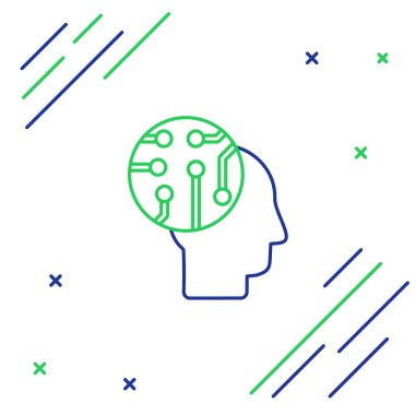 İnsan beyni dijital devre kartı simgesi olarak beyaz arkaplanda izole edildi. İçinde devre çizgileri olan insan kafası. Renkli taslak konsepti. Vektör.