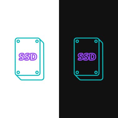 SSD kart simgesi beyaz ve siyah arkaplanda izole edildi. Katı eyalet sürücü işareti. Depolama diski sembolü. Renkli taslak konsepti. Vektör.