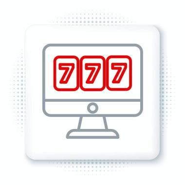 Online slot makinesi beyaz arka planda izole edilmiş şanslı yedili büyük ikramiye ikonu. İnternetteki kumarhane. Renkli taslak konsepti. Vektör.