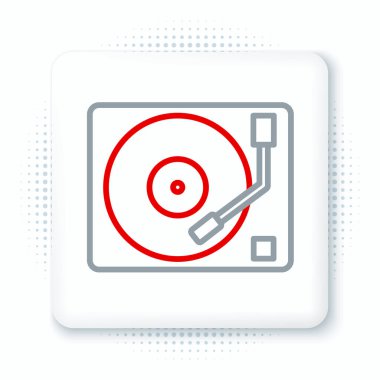 Beyaz arkaplanda izole edilmiş vinil disk simgesine sahip çizgi vinili oynatıcı. Renkli taslak konsepti. Vektör.