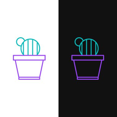 Çizgi Kaktüs ve sulu tencere simgesi beyaz ve siyah arkaplanda izole edilmiş. Tencerede yetişen bir bitki. Saksı bitkisi işareti. Renkli taslak konsepti. Vektör.