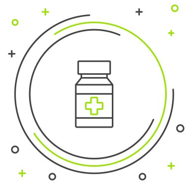 Line Dog ilaç şişesi ve beyaz arka planda izole edilmiş hap ikonu. İçinde haplar olan konteynır. Hayvan için reçeteli ilaç. Renkli taslak konsepti. Vektör.