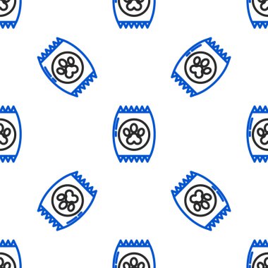 Evcil hayvan ikonu için yiyecek torbası beyaz arka planda izole edilmiş pürüzsüz desen. Hayvanlar için yiyecek. Hayvan maması paketi. Köpek ya da kedi pençesi izi. Renkli taslak konsepti. Vektör.