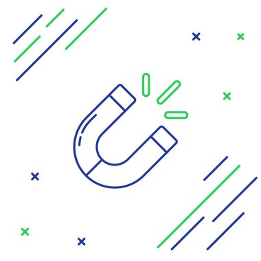 Beyaz arkaplanda çizgi mıknatısı simgesi izole edildi. At nalı mıknatısı, manyetizma, manyetizma, çekim. Renkli taslak konsepti. Vektör.