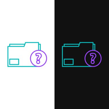 Bilinmeyen dosya dizini simgesi beyaz ve siyah arkaplanda izole edildi. Soru işareti olan dosya. Raporu, servisi ve küresel arama işaretini beklet. Renkli taslak konsepti. Vektör.