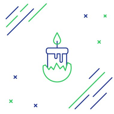 Beyaz arkaplanda izole edilmiş şamdan simgesinde çizgi yakma mumu. Silindirik mum çubuğu ve yanan ateş. Renkli taslak konsepti. Vektör.