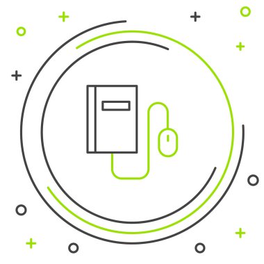 Beyaz arkaplanda fare simgesi olan Satır Elektronik kitabı. Çevrimiçi eğitim kavramı. E-kitap rozet ikonu. Renkli taslak konsepti. Vektör.