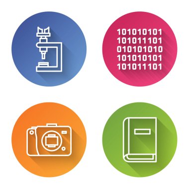 Mikroskop, ikili kod, aynasız kamera ve kullanıcı el kitabını ayarla. Renkli daire düğmesi. Vektör.