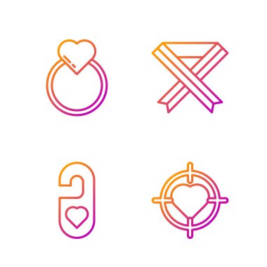 Heart 'ı hedefin ortasına yerleştirin, lütfen kalp, alyans ve göğüs kanseri farkındalığı kurdelesiyle rahatsız etmeyin. Renk simgeleri. Vektör.