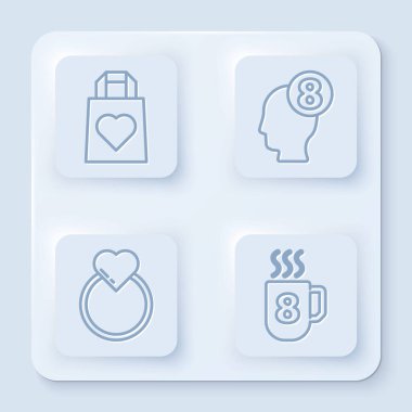 Kalpli alışveriş torbası, insan kafasında 8 Mart nişan yüzüğü ve 8 Mart 'ta kahve fincanı. Beyaz kare düğme. Vektör.