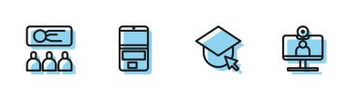 Dünya, Eğitim, Sunum, Laptop ve Görüntülü Sohbet Konferans ikonu 'ndan mezun olma sınırını ayarla. Vektör.