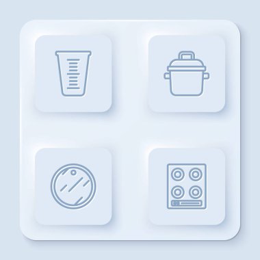 Ölçme kabı, tencere, kesme tahtası ve gaz sobası. Beyaz kare düğme. Vektör.