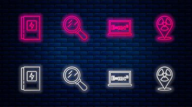 Çizgi büyüteç, denklem çözeltisi, elektrik paneli ve radyoaktif konumu ayarla. Tuğla duvarda parlayan neon simgesi. Vektör.