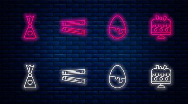 Sıraya dizilmiş şeker paketleri, çikolatalı yumurta, tabakta şeker ve kek. Tuğla duvarda parlayan neon simgesi. Vektör.