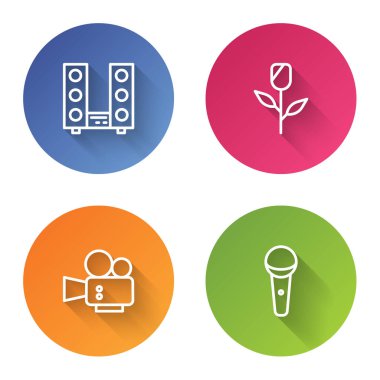 İki hoparlörlü ev telefonu ayarla. Çiçek gülü, sinema kamerası ve mikrofon. Renkli daire düğmesi. Vektör.