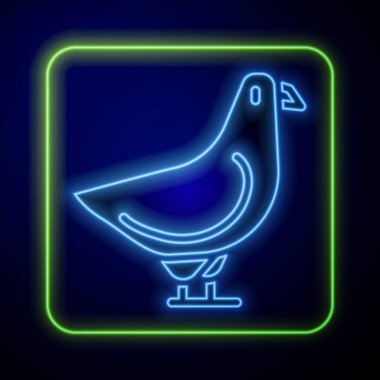 Parlayan neon güvercin simgesi mavi arkaplanda izole edildi. Vektör.