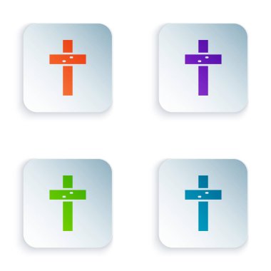 Beyaz arkaplanda izole edilmiş Hristiyan haç simgesi rengi. Kilise haçı. Kare düğmelere renkli simgeleri yerleştir. Vektör.