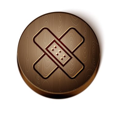 Kahverengi çizgi, beyaz arka planda izole edilmiş bandaj alçı ikonu. Tıbbi alçı, yapıştırıcı bandaj, esnek kumaş bandajı. Tahta daire düğmesi. Vektör İllüstrasyonu.