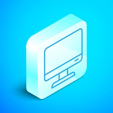 Isometric satır Bilgisayar ekranı simgesi mavi arkaplanda izole edildi. Elektronik cihaz. Ön manzara. Gümüş kare düğme. Vektör İllüstrasyonu.