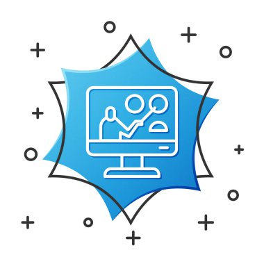 Beyaz çizgi Çevrimiçi Eğitim ve mezuniyet ikonu beyaz arka planda izole edildi. İnternetteki öğretmen monitörde. Giyinme ve video semineri öğrenme. Mavi altıgen düğmesi. Vektör İllüstrasyonu.