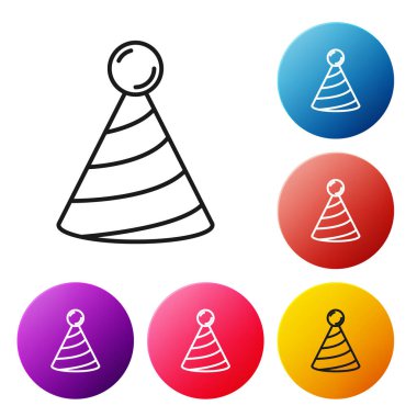 Siyah çizgi Parti şapka simgesi beyaz arkaplanda izole edildi. Doğum günü şapkası. Renkli daire düğmelerini ayarlayın. Vektör.