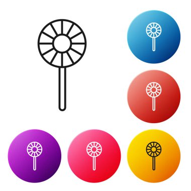 Siyah çizgi lolipop simgesi beyaz arkaplanda izole edildi. Şeker işareti. Yemek, lezzetli bir sembol. Renkli daire düğmelerini ayarlayın. Vektör.
