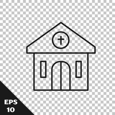 Siyah çizgi kilise binası simgesi şeffaf arka planda izole edildi. Hıristiyan Kilisesi. Kilisenin dini. Vektör.