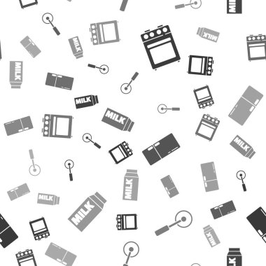 Fırın, pizza bıçağı, buzdolabı ve süt paketini kusursuz bir şekilde hazırla. Vektör.