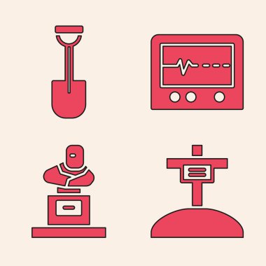 Grave 'i haçla, kürekle, monitörde öldüresiye dövün ve mezar taşı simgesiyle gömün. Vektör.