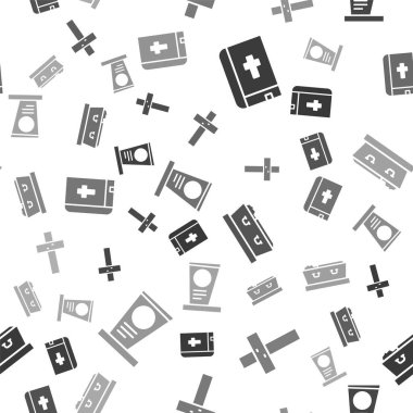 Kutsal İncil kitabı, Hıristiyan haçı, ölü tabutla tabut ve kusursuz desenli mezar taşı. Vektör.