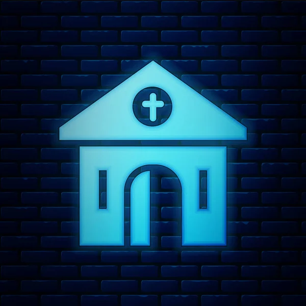 发光的霓虹灯教堂建筑图标隔离在砖墙背景 基督教会教会的宗教 — 图库矢量图片