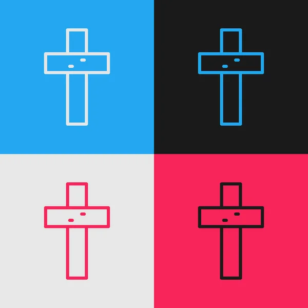 Pop Art Line Christian Cross Icon Isolated Color Background Church — Stock Vector